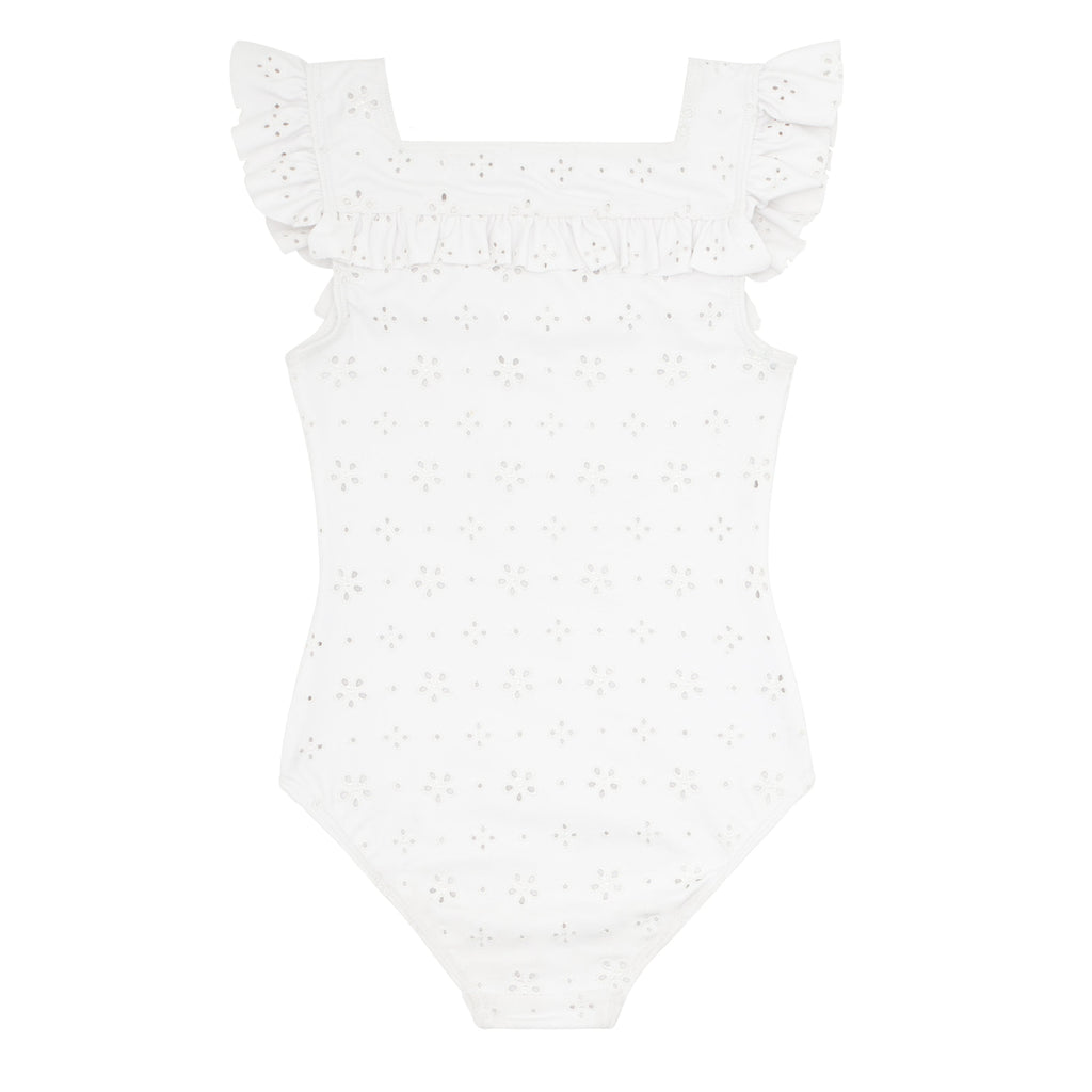 Girls White Eyelet Square Neck Double Ruffle One Piece