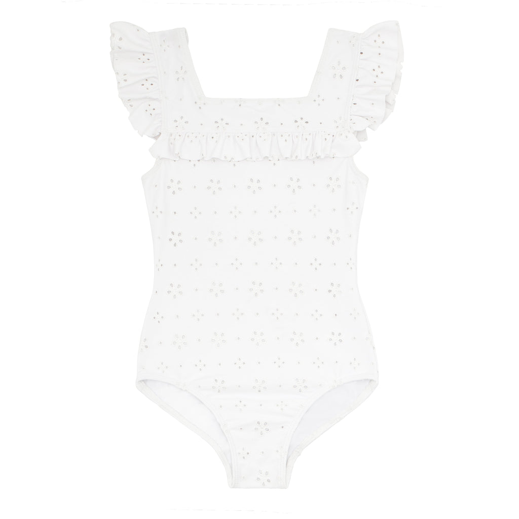 Girls White Eyelet Square Neck Double Ruffle One Piece