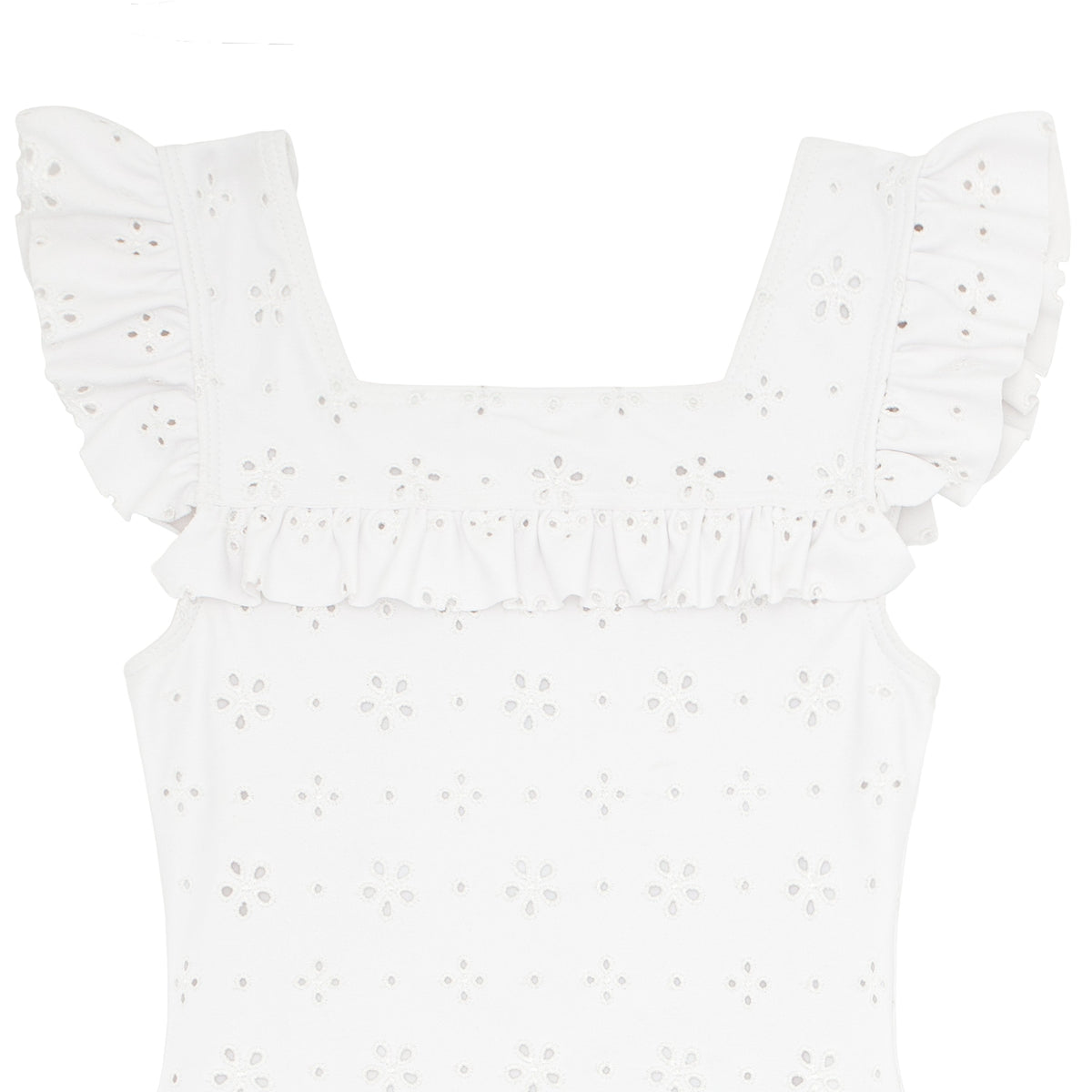 Girls White Eyelet Square Neck Double Ruffle One Piece