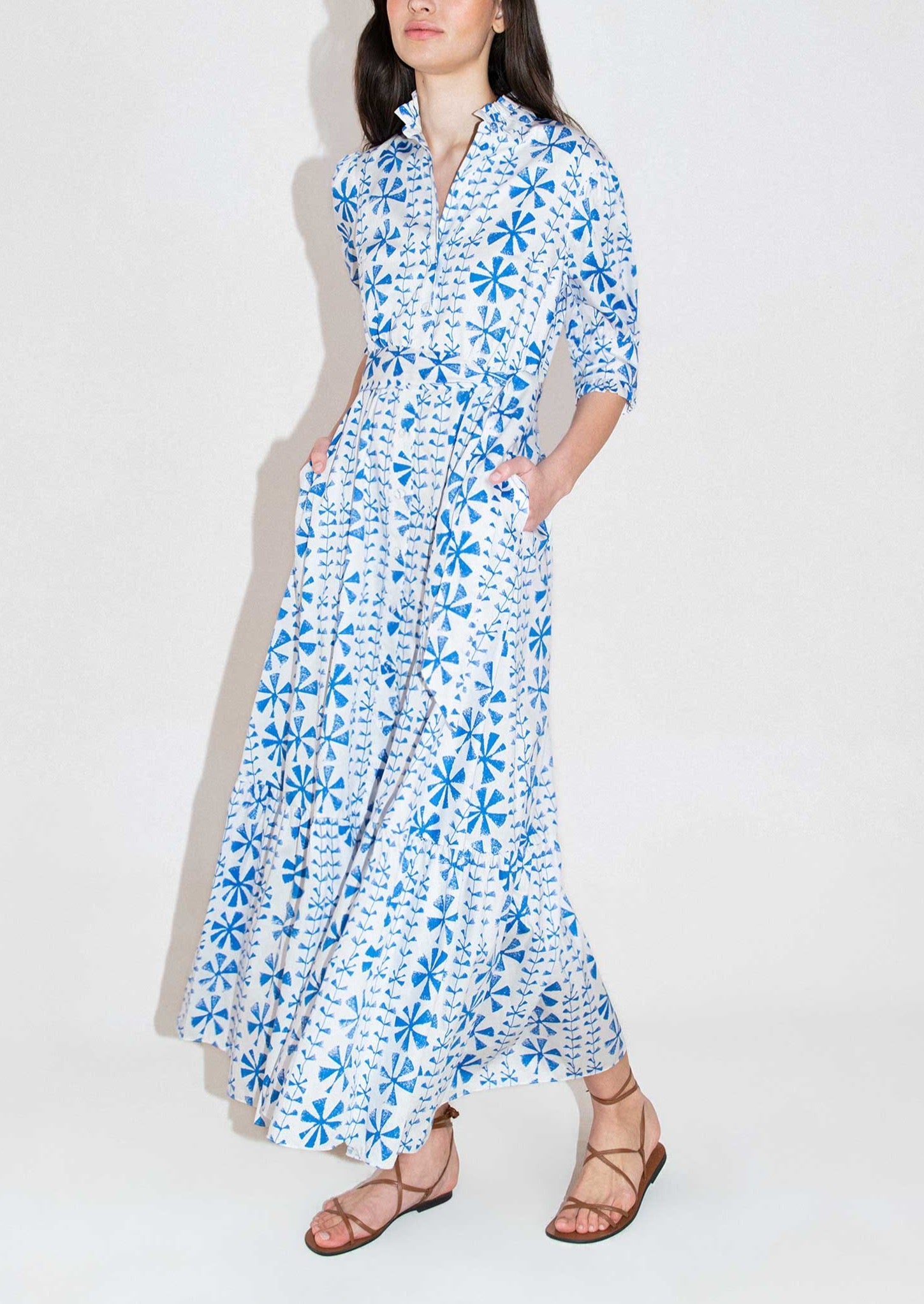 Marni Cotton Midi Dress in Floral Vine Blue