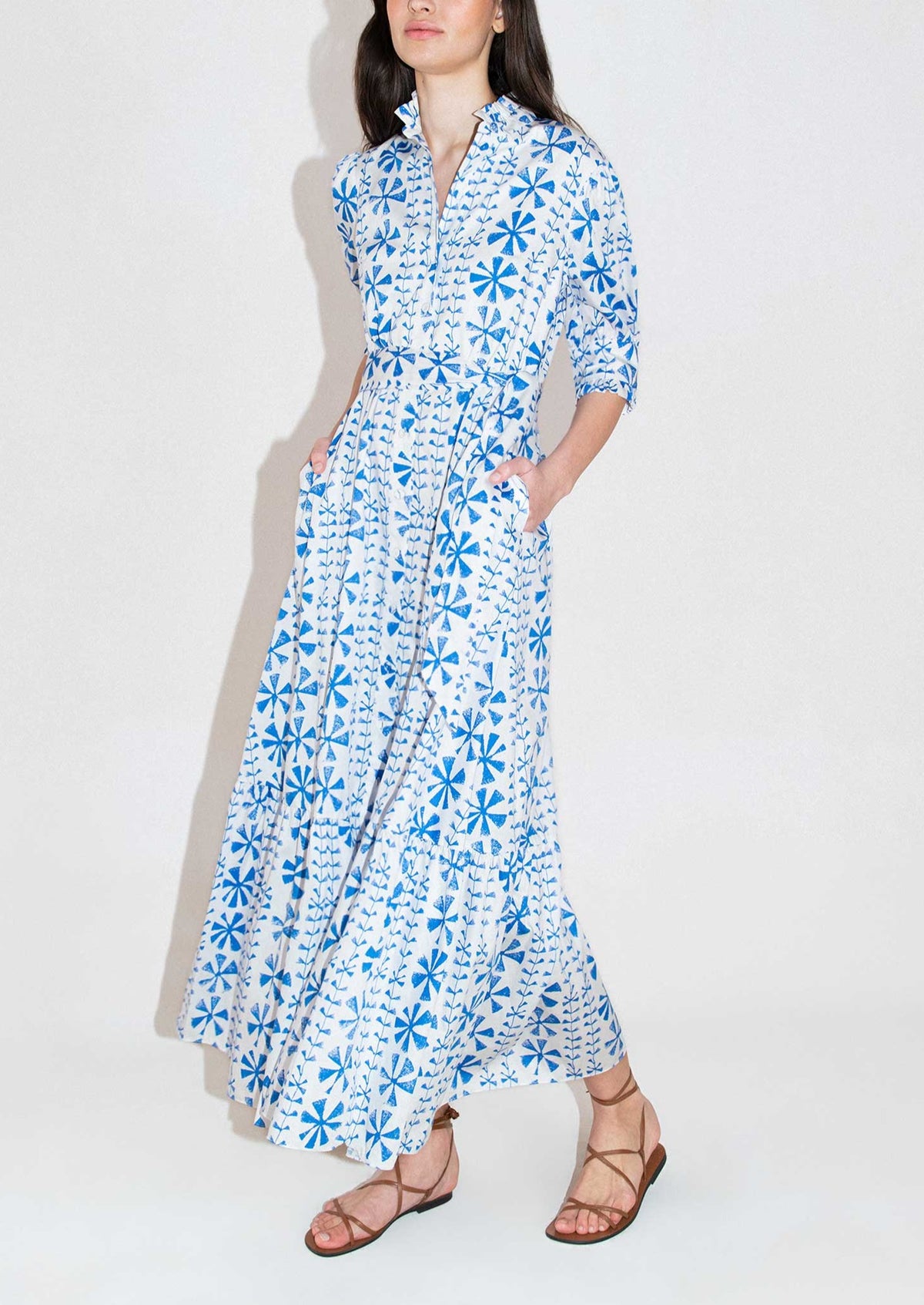 Marni Cotton Midi Dress in Floral Vine Blue