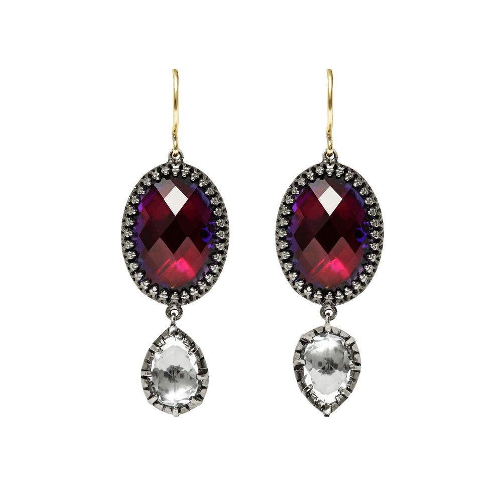Front view of Sadie Oval and Pear Drop Earrings with faceted deep red-purple oval stones, clear pear drops, and gold hooks