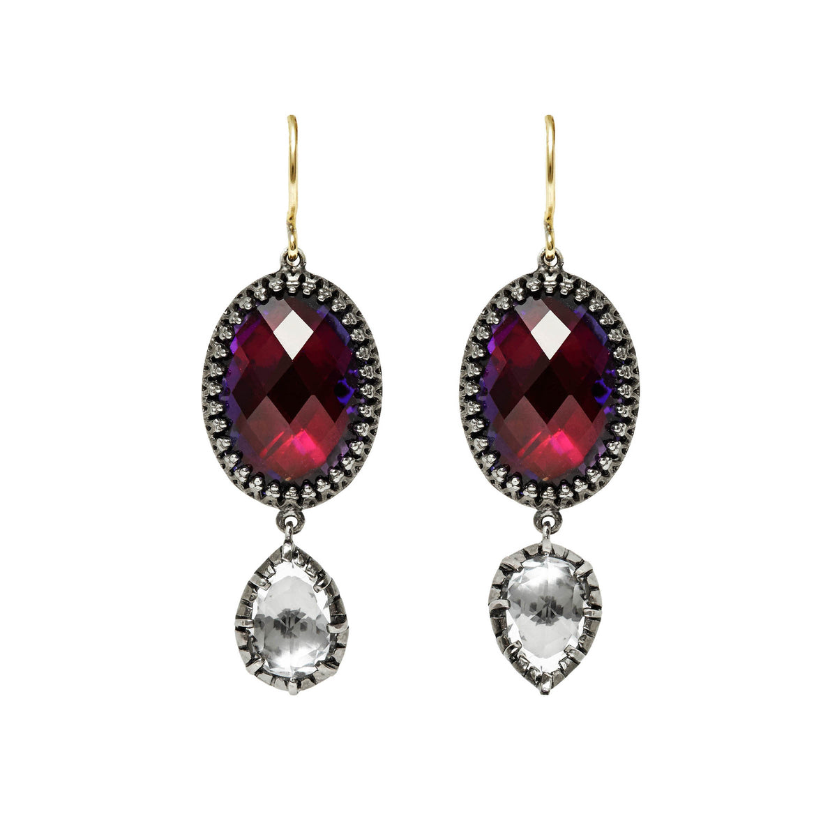 Front view of Sadie Oval and Pear Drop Earrings with faceted deep red-purple oval stones, clear pear drops, and gold hooks