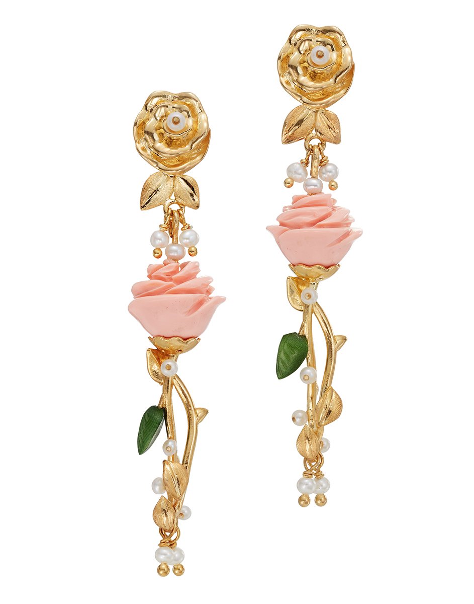 Front view of The Bellini Earring in Pink showcasing calcedony, tagua, pearls, and 18K yellow gold vermeil on white