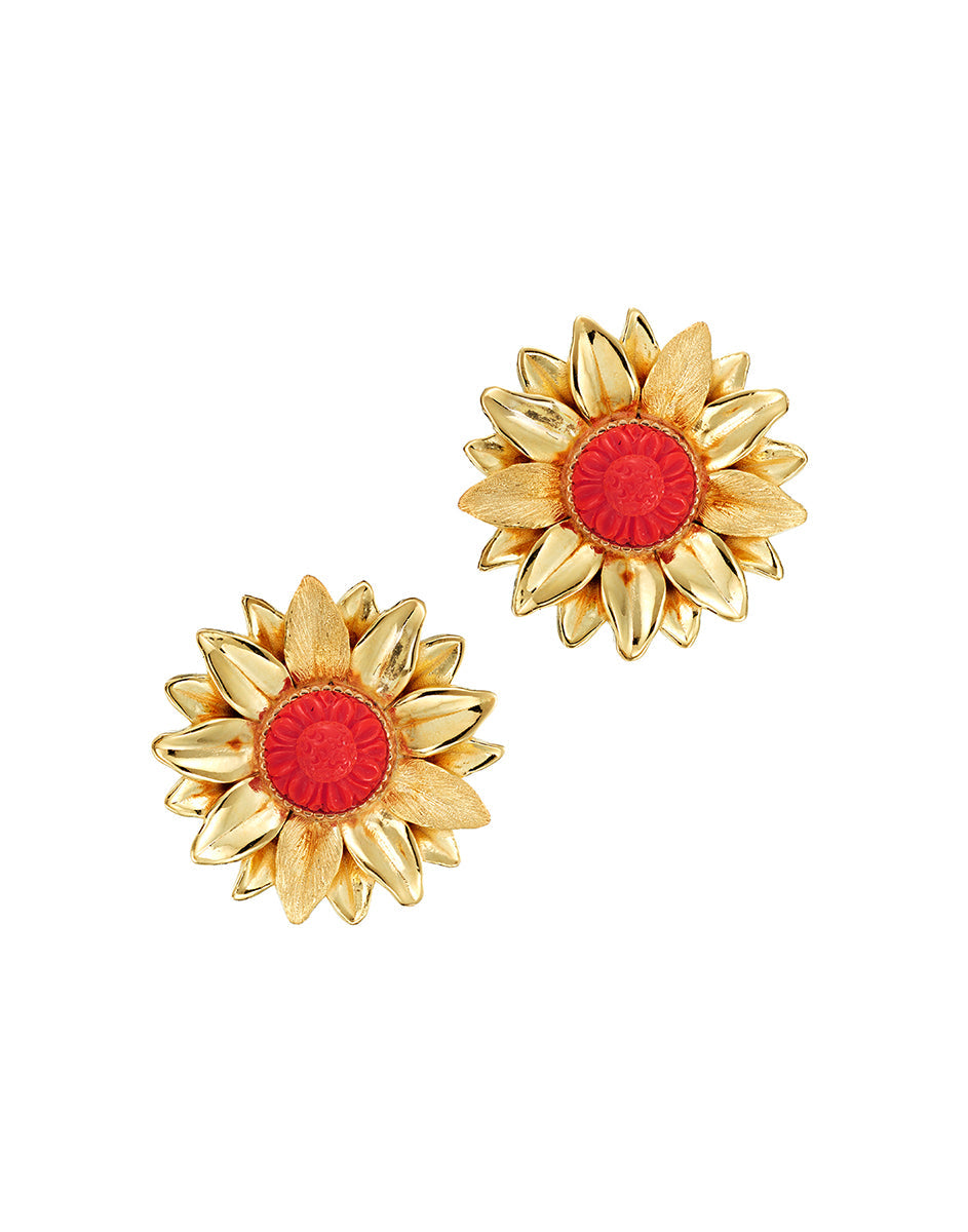 Front view of Limoncello Mini earrings showing gold sunflower petals and carved ruby-red center on white background