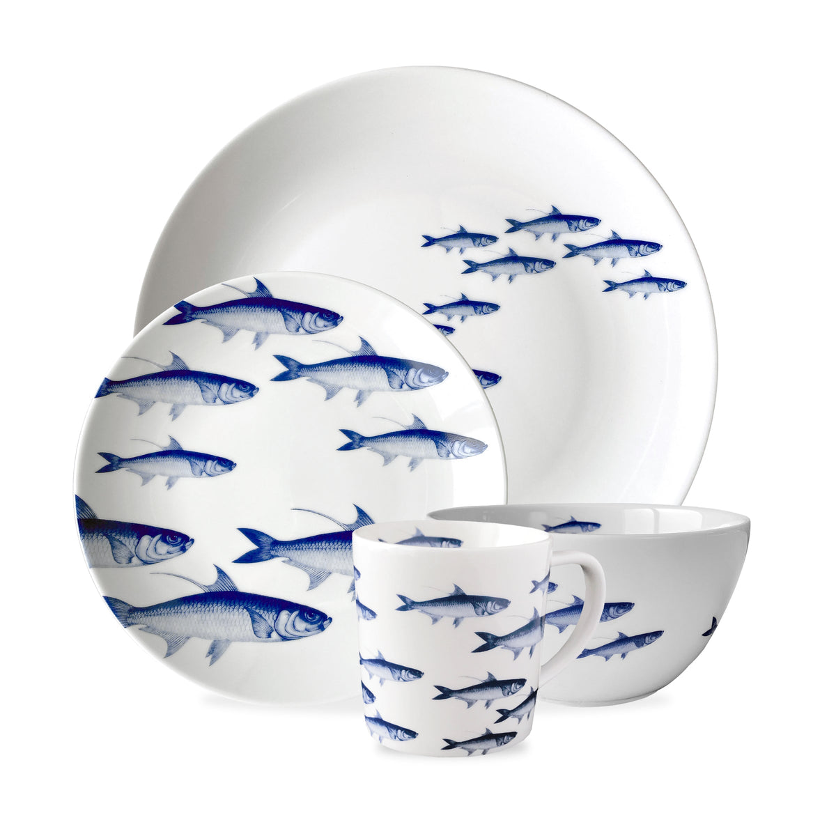 Front view of School of Fish Place Setting, set of 4 showcasing blue fish on creamy porcelain with a white background