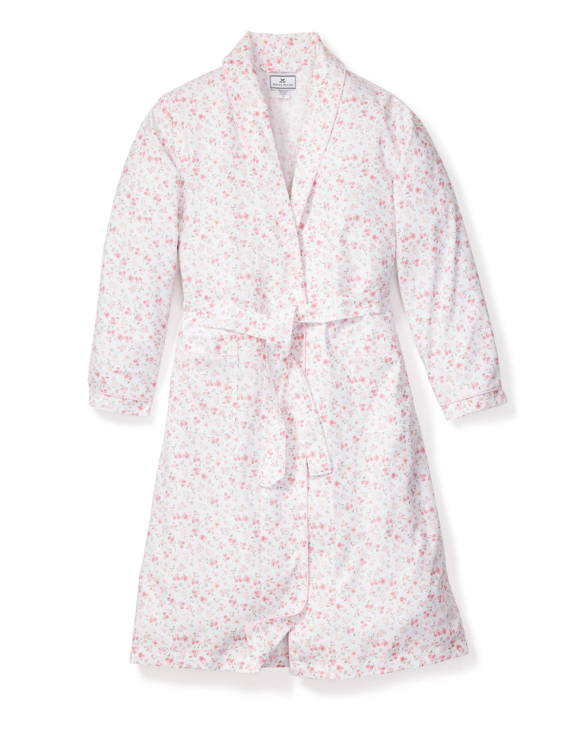 Front view of Dorset Floral Robe showcasing pink floral print, shawl collar, tie waist and front patch pockets on white background
