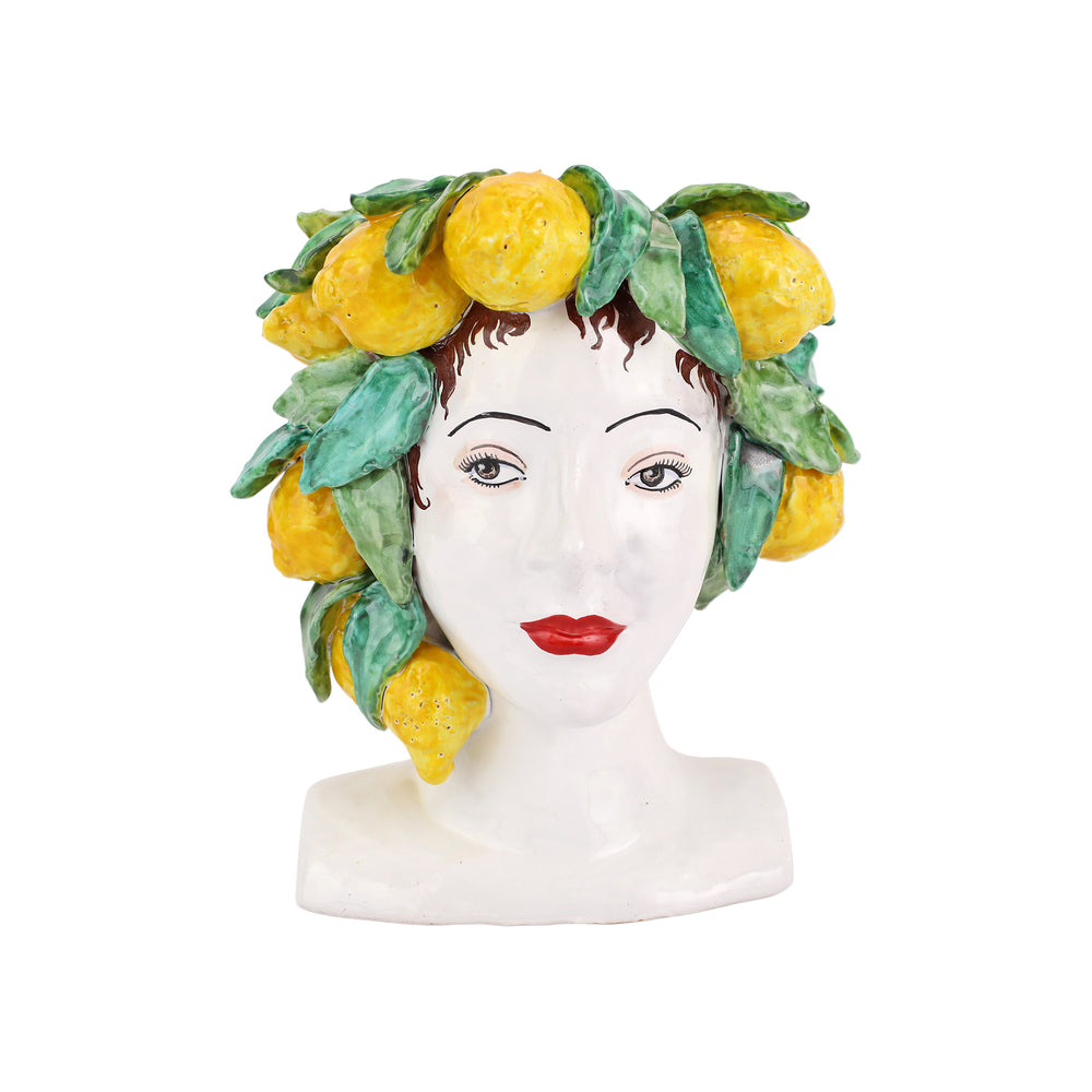 Front view of Sicilian Heads lemons ceramic head bust showcasing hand painted yellow lemons and green leaves on white background