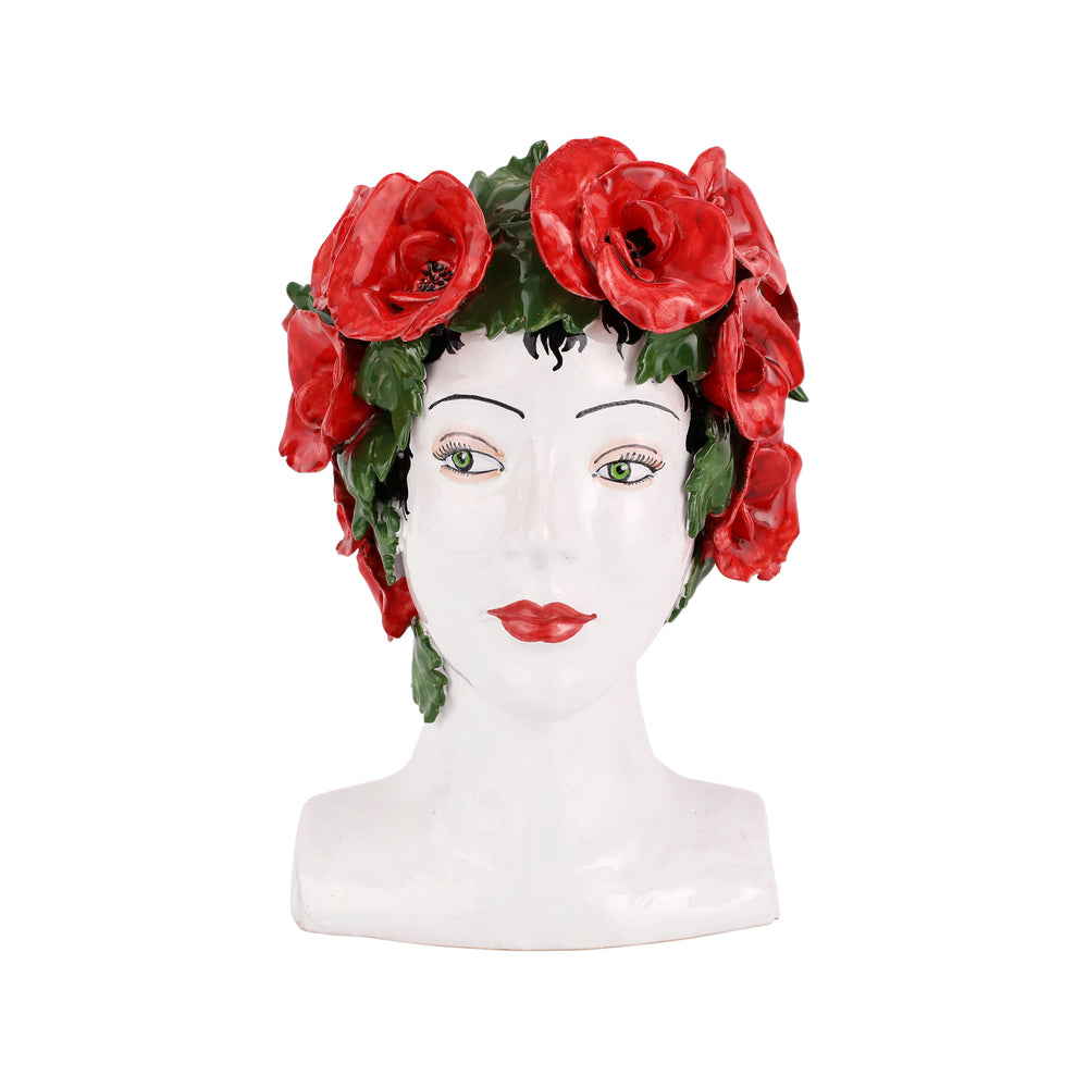Front view of Sicilian Heads Poppies Head ceramic bust showing bright red poppy crown and green leaves on white background