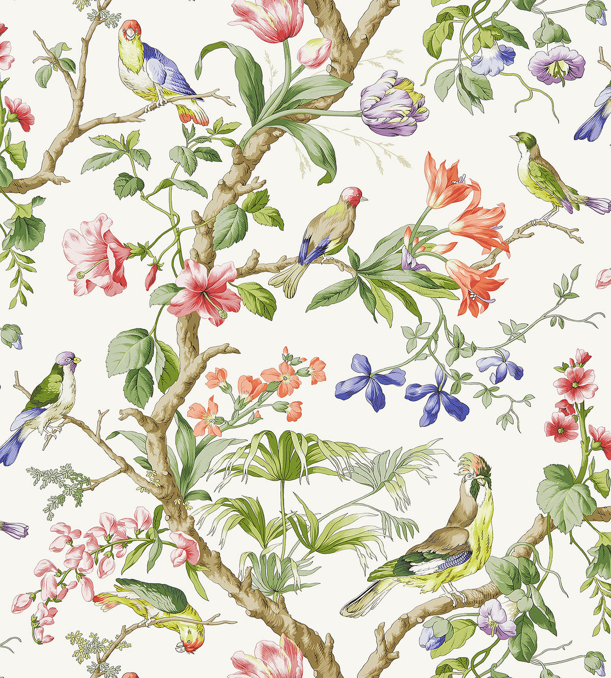 Close-up of Belize wallpaper with hand-printed tropical birds and floral branches on cream background