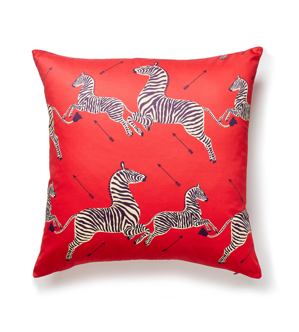 Front view of Zebras Petite Pillow showcasing Masai red cover with navy and cream zebra print