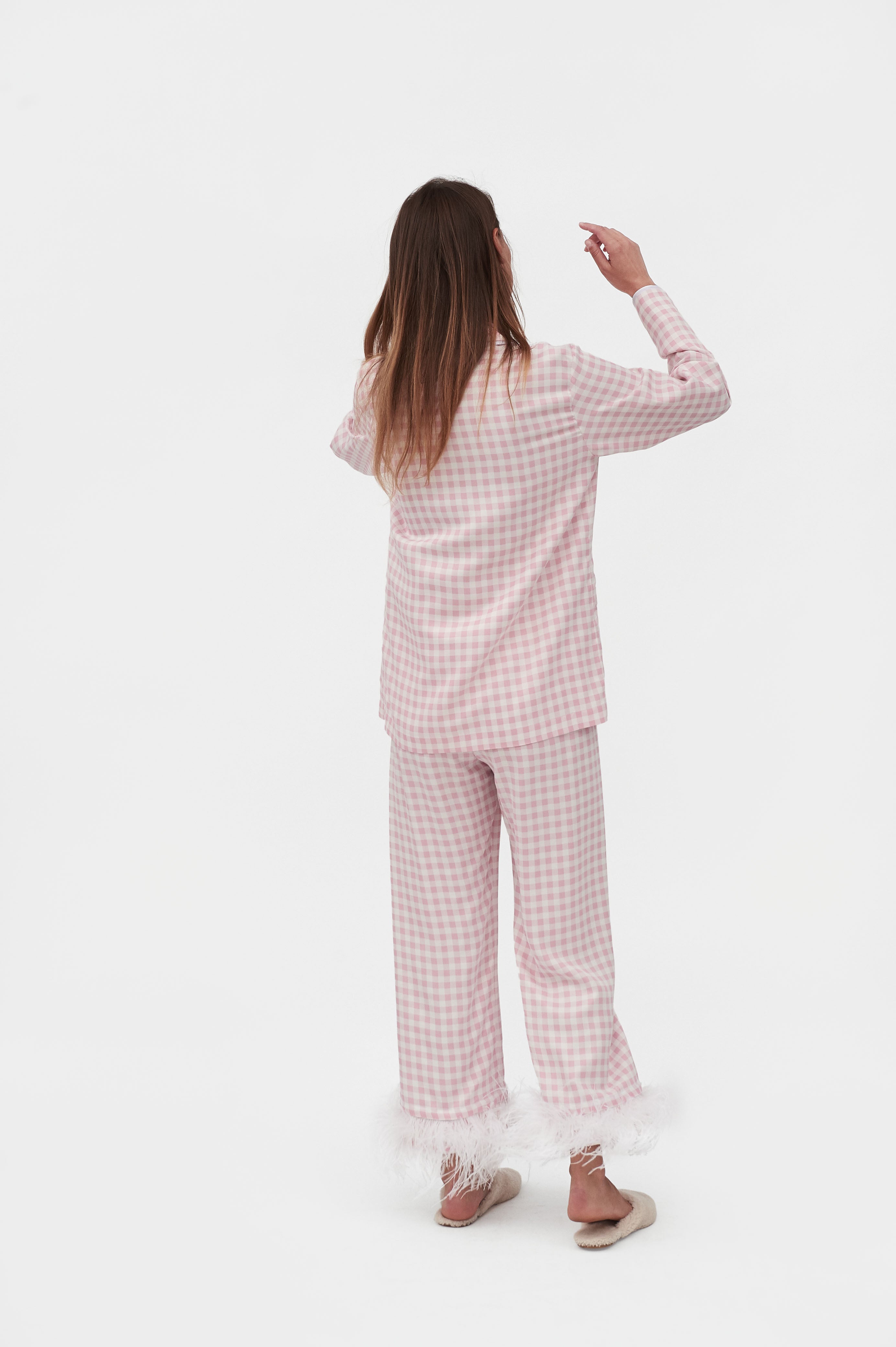 Party Pajama Set with Feathers in Pink Vichy