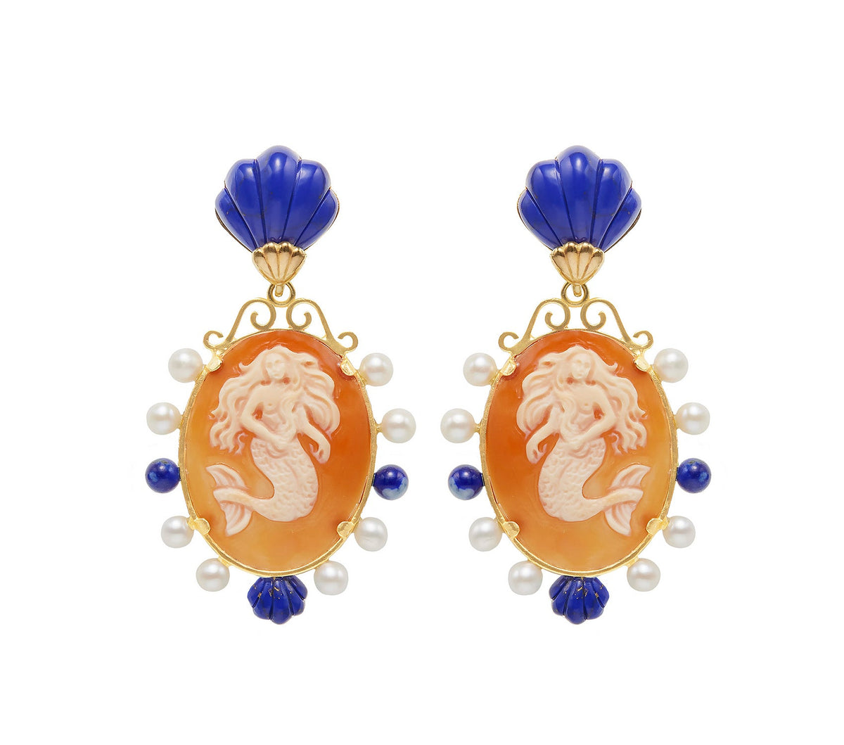 Front view of Mermaid Cameos Earrings in Lapis showcasing cornelian mermaid cameos, pearls, and blue shells