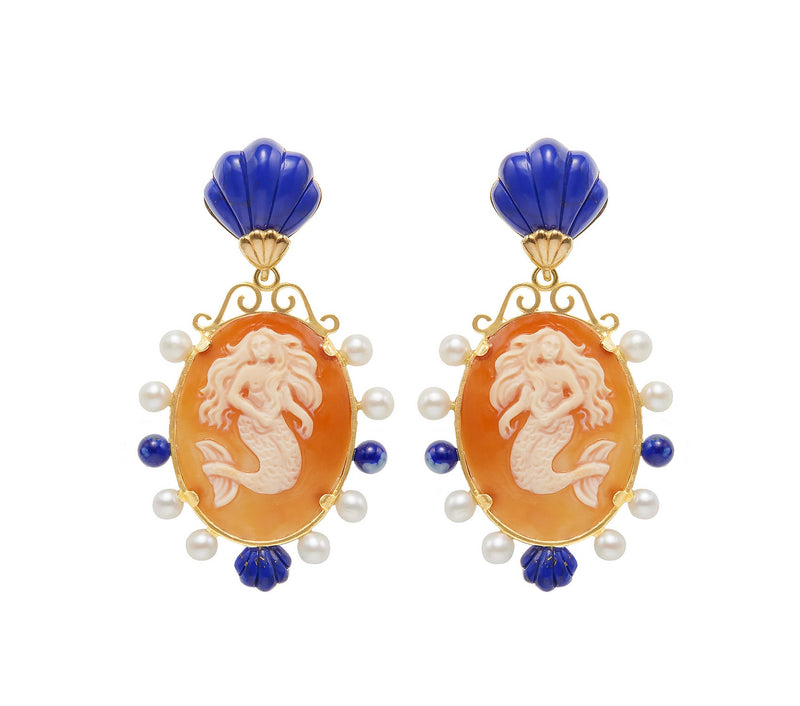 Mermaid Cameos Earrings in Lapis