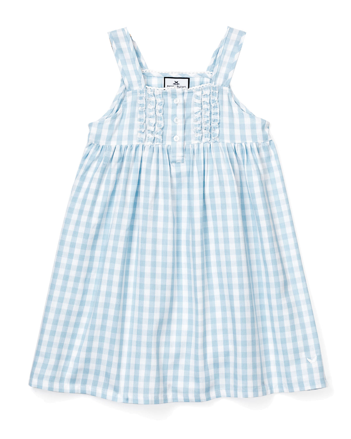 Front view of Light Blue Gingham Charlotte Nightgown showcasing ruffled bib, button placket, and wide hem on white background