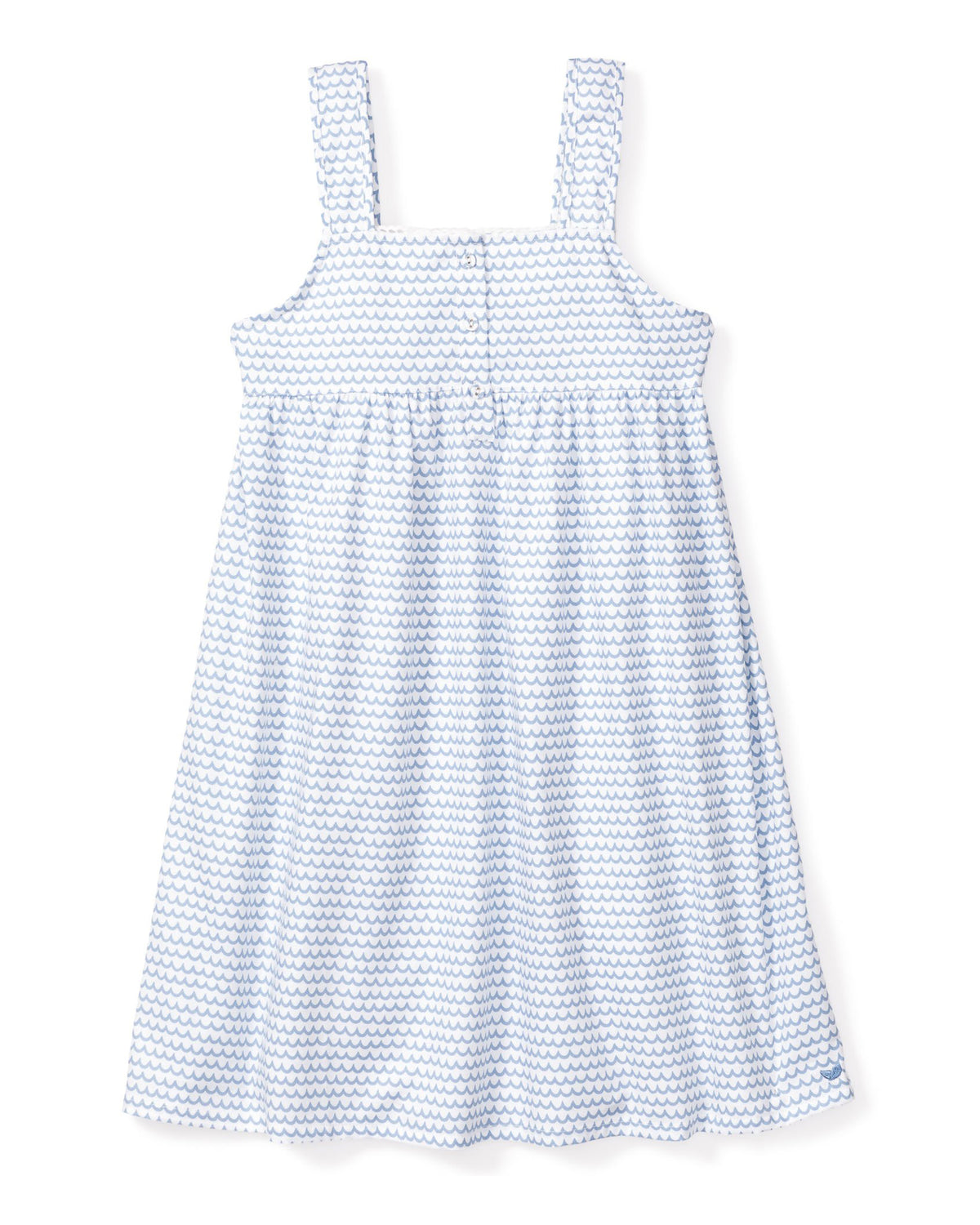 Front view of La Mer Charlotte Nightgown showcasing blue wave pattern, button front, and wide hem against white background