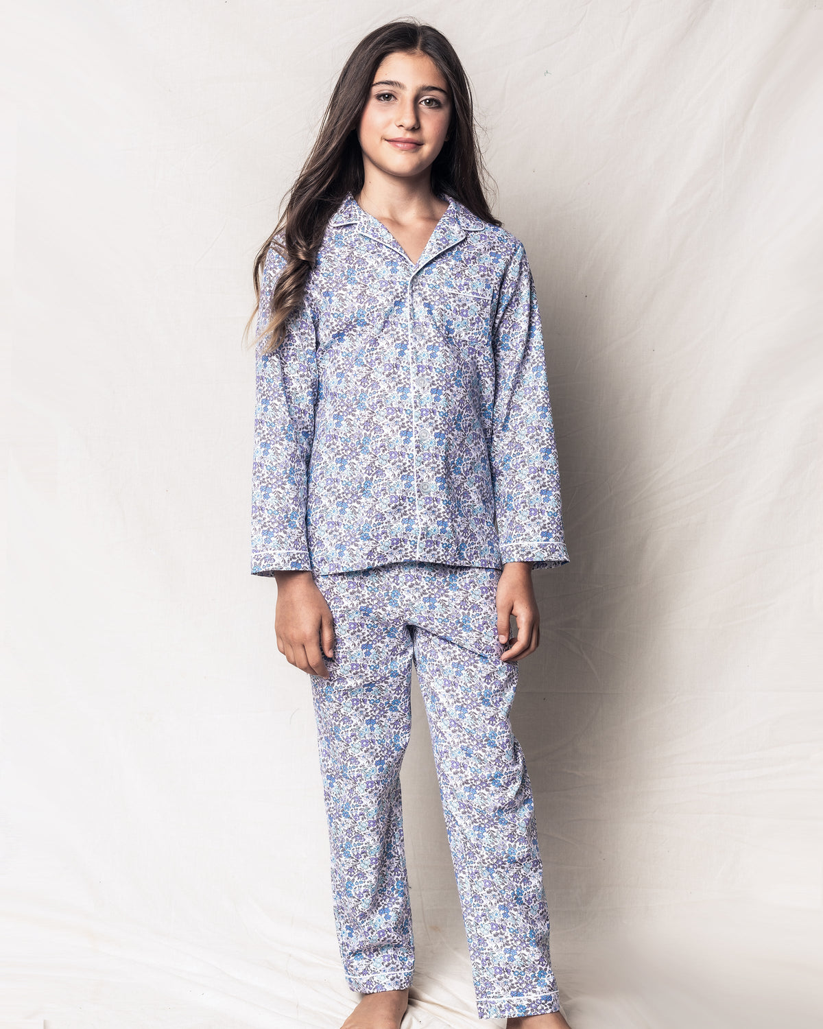 Azure blue and soft heather gray floral Children’s Fleur D’Azur Pajama Set with piping and pearl buttons