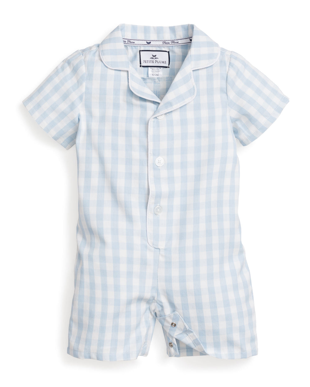Flat lay of light blue gingham romper showing short sleeves, piped collar, button front and snap crotch on white background