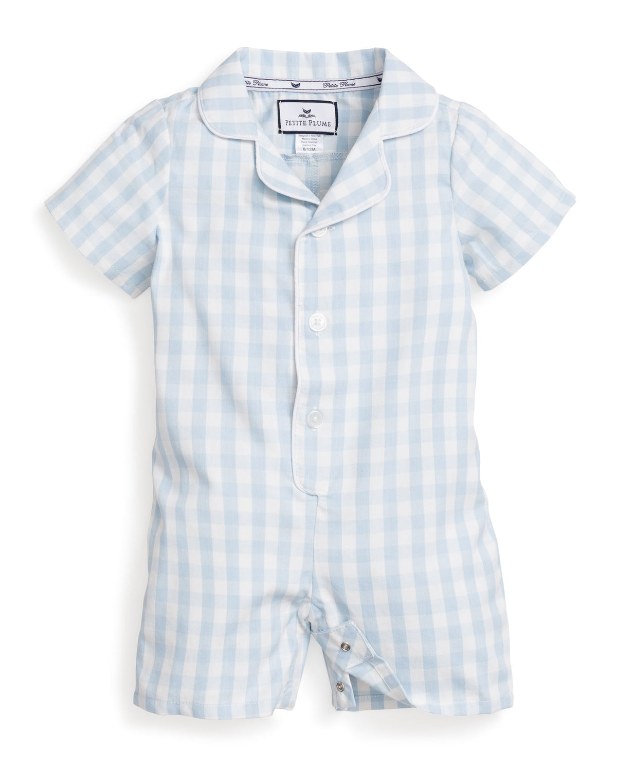Flat lay of light blue gingham romper showing short sleeves, piped collar, button front and snap crotch on white background