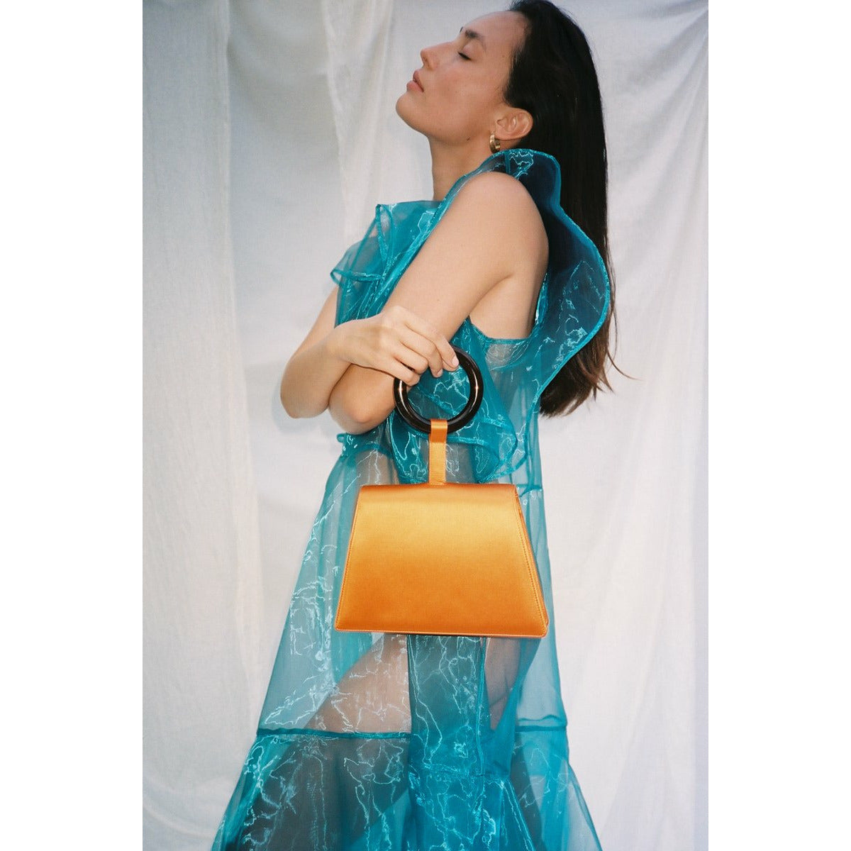 Front view of orange Bangle Bag showcasing tortoiseshell resin bangle handle and satin finish against a white fabric backdrop