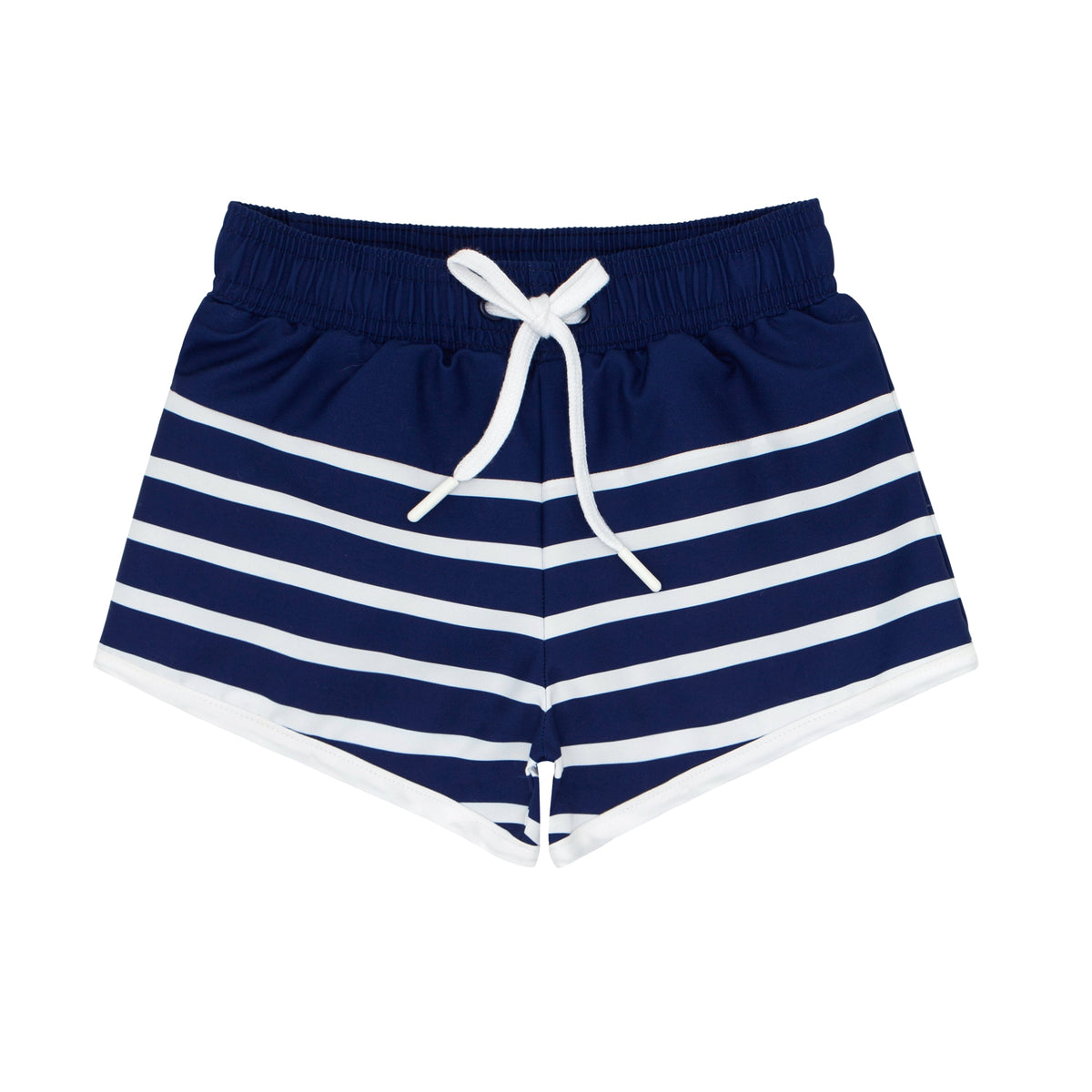 Front view of Boys Navy Breton Stripe Boardie showcasing white drawstring and horizontal navy and white stripes against a white background