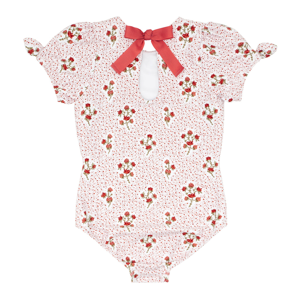 Girls Raspberry Red Puff Sleeve One Piece