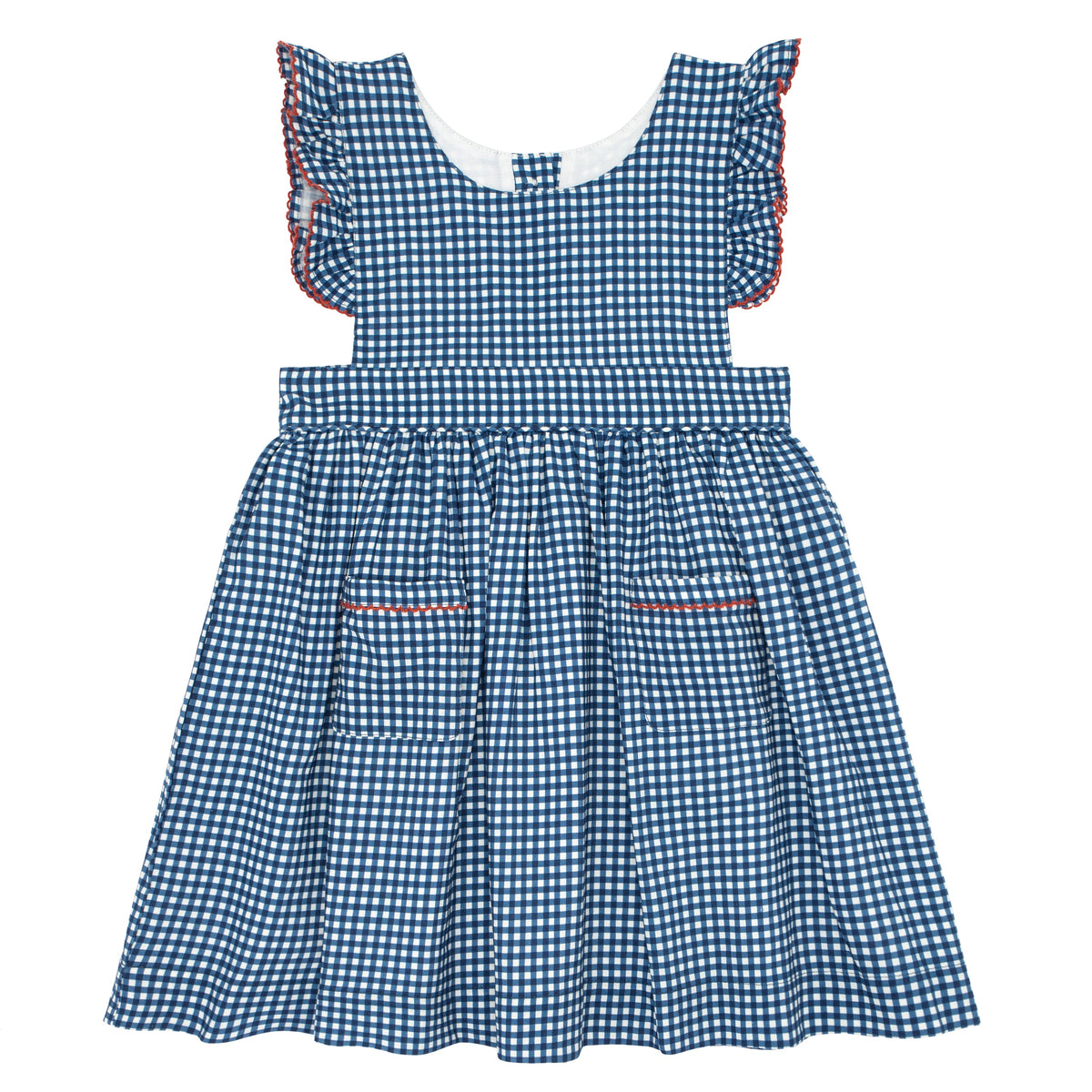 Front view of Girls Navy Gingham Pinafore Dress showcasing ruffle sleeves and patch pockets with a white background