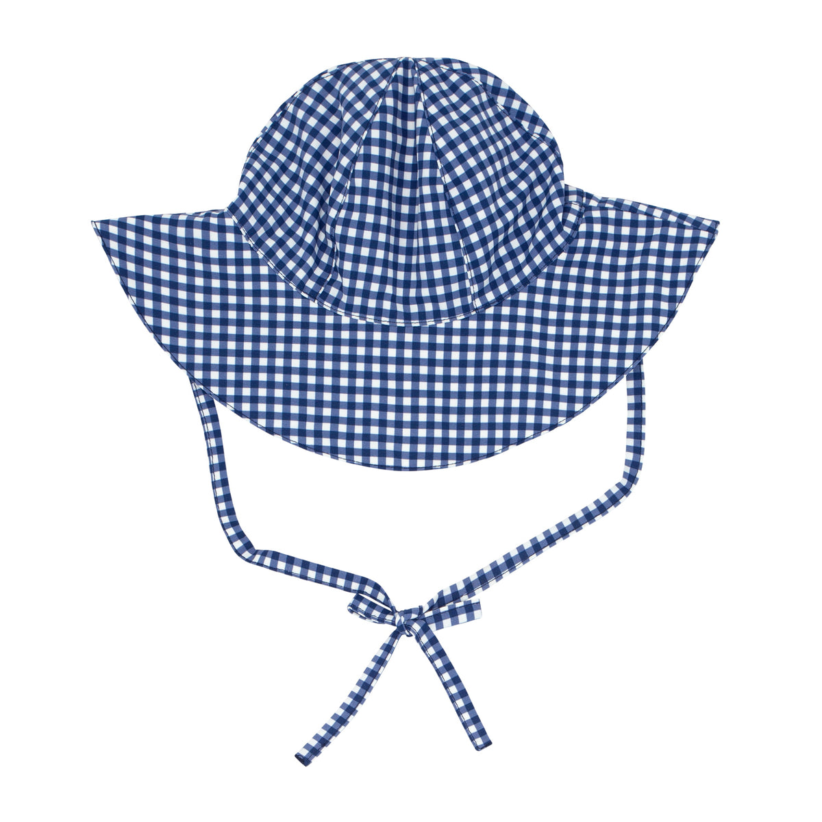 Front view of Baby Navy Gingham Sunhat showcasing large brim and tie bow on a white background
