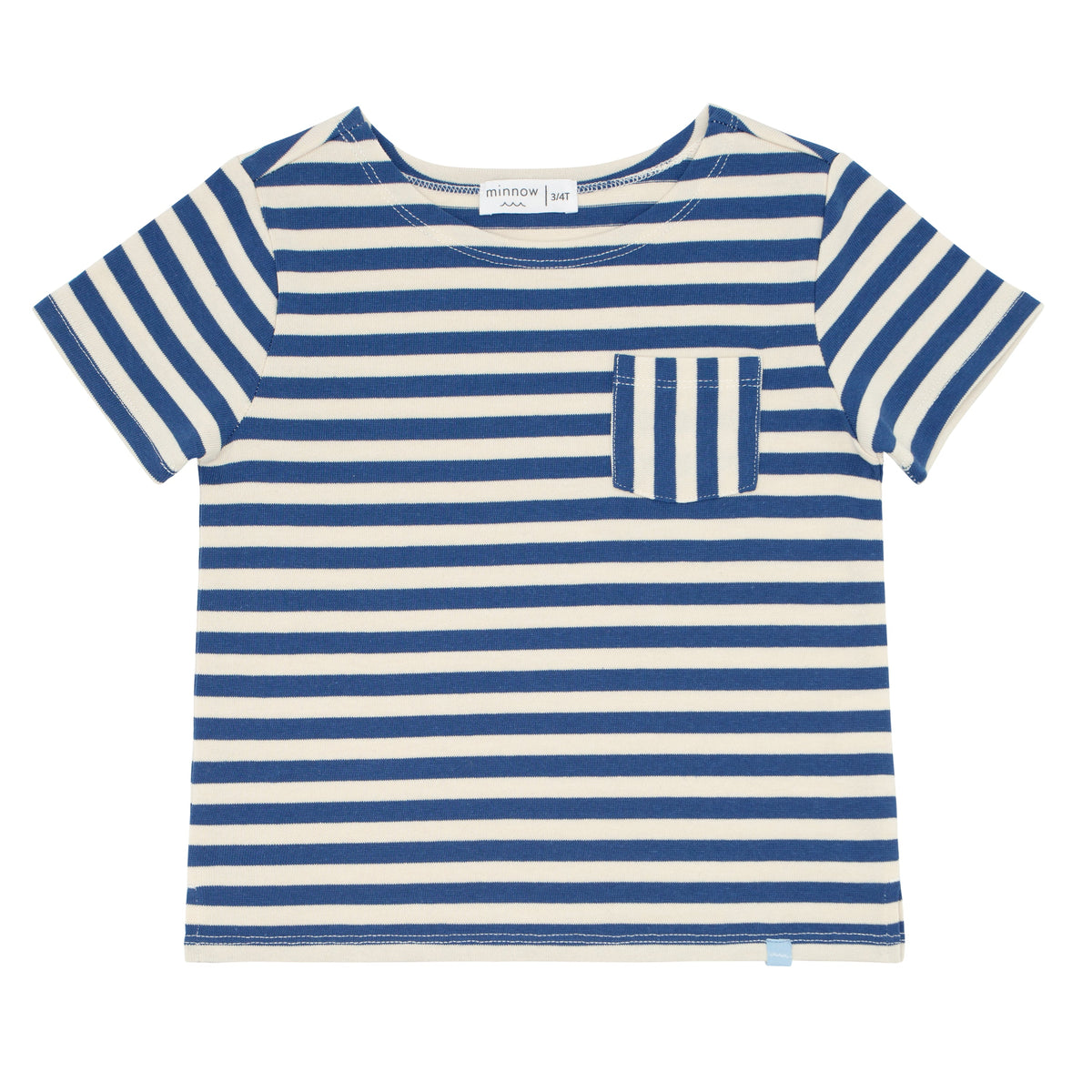 Front view of Unisex Stripe Short Sleeve Boatneck Tee showcasing cream and navy stripes and contrasting pocket on white