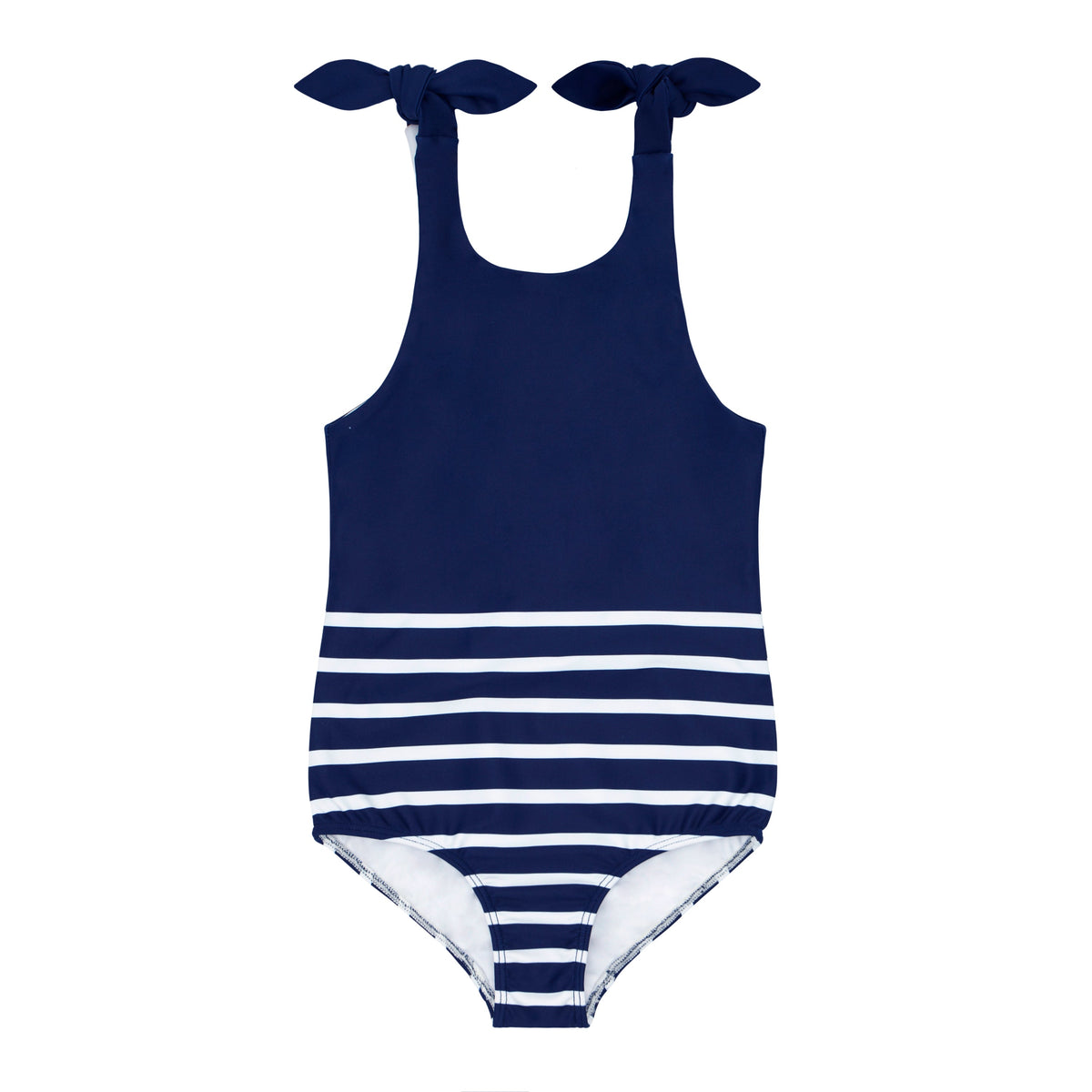 Back view of Girls Navy Breton Stripe Tie-Knot One Piece showcasing adjustable shoulder ties and horizontal stripes on a white background
