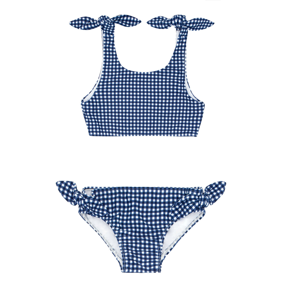 Front and back views of Girls Navy Gingham Tie-Knot Bikini showcasing navy gingham and adjustable side ties on white background