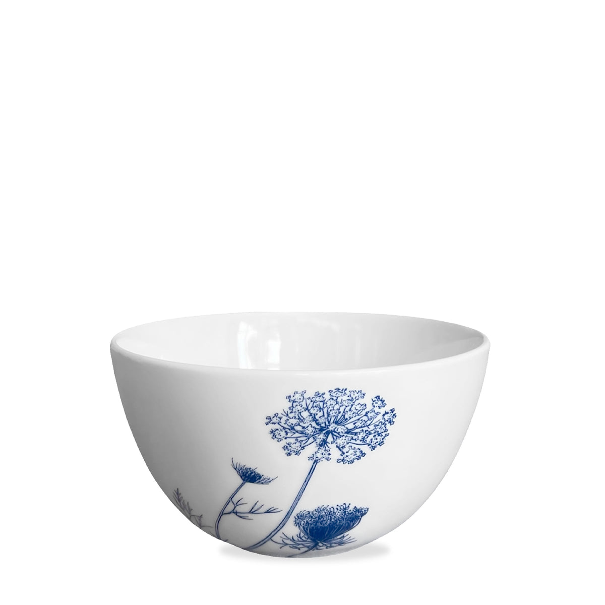 Front view of Summer Blues Tall Cereal Bowl showcasing blue floral pattern with white background