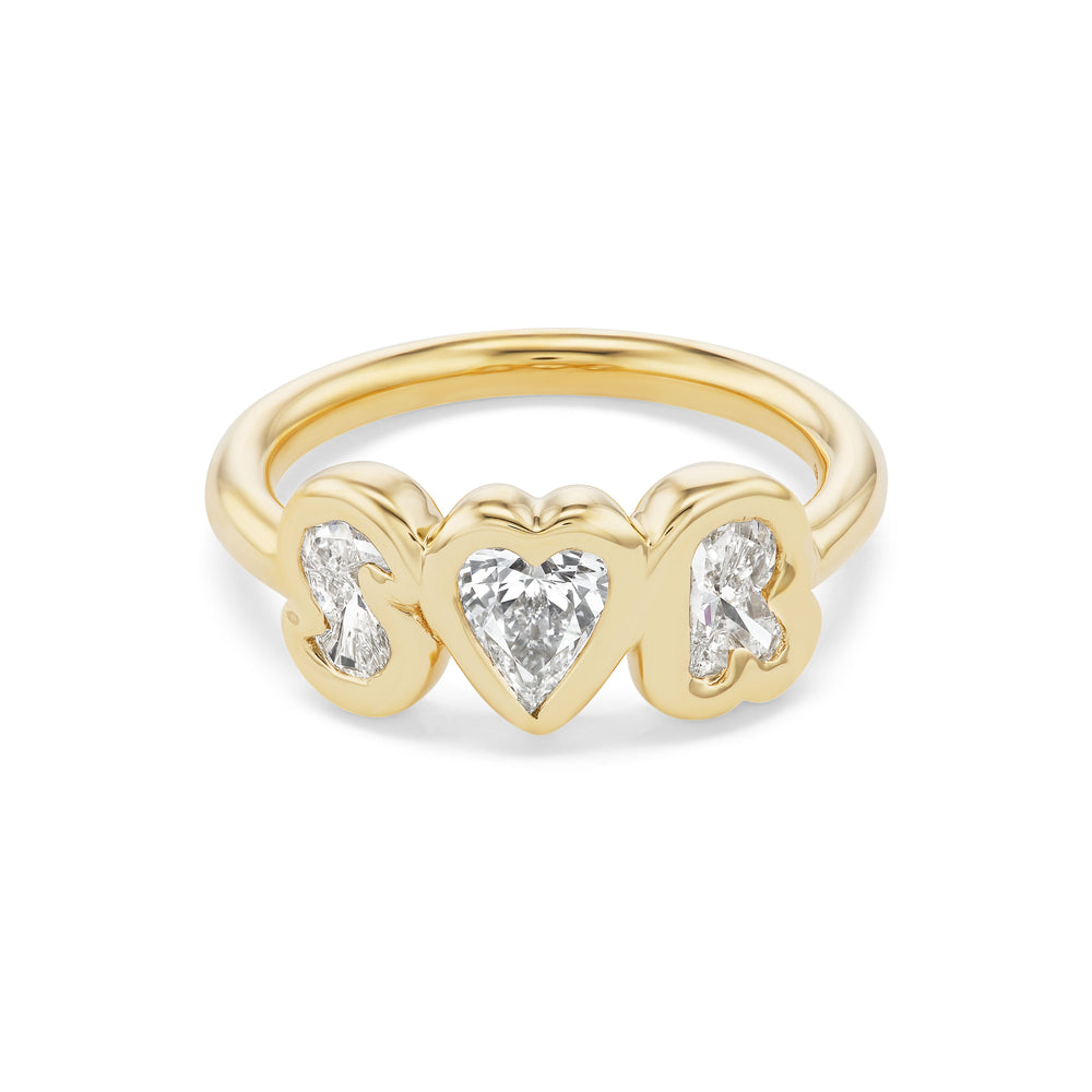 Front view of Bubble Bezel Diamond True Love Ring with three bezel-set diamonds, heart-shaped center, 18K yellow gold on white
