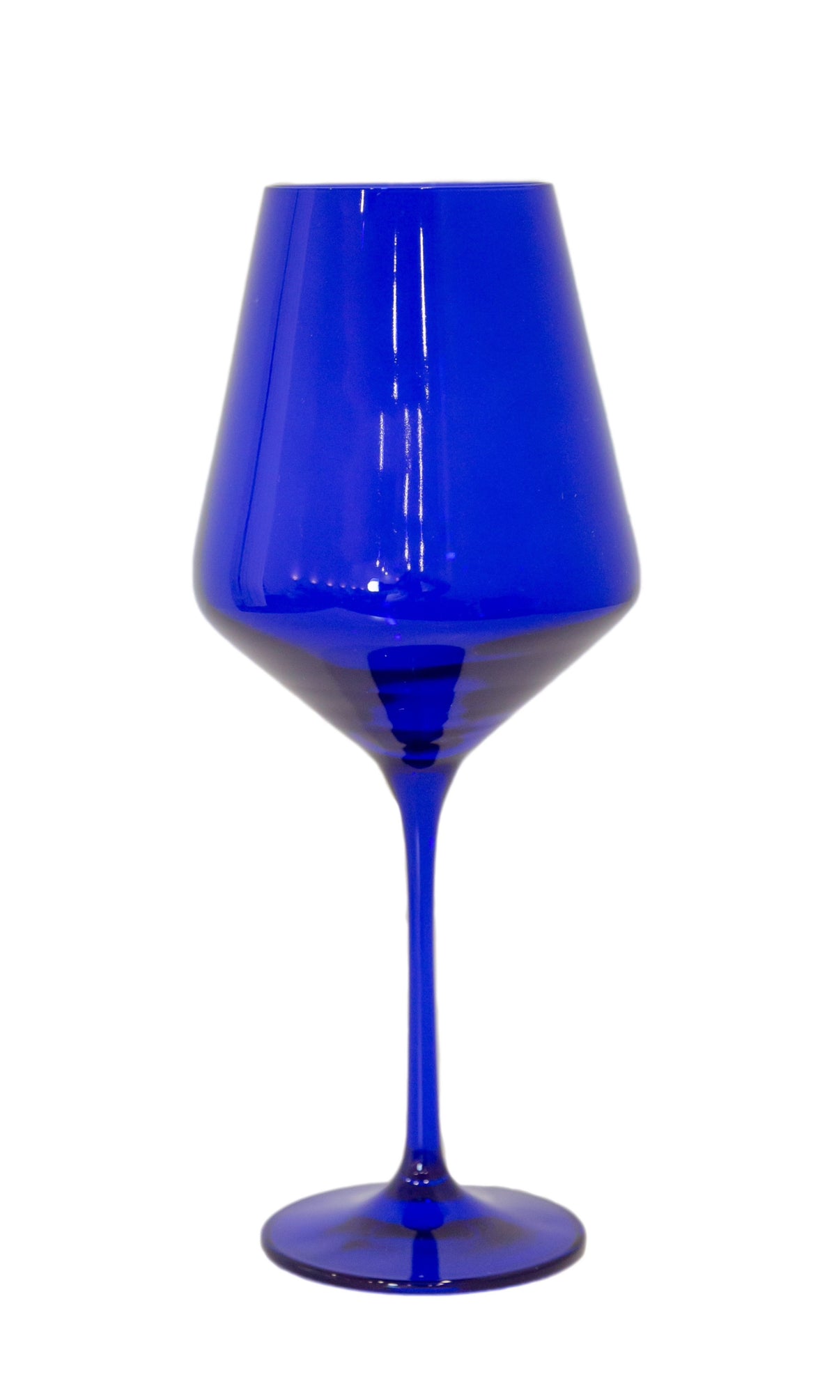Front view of royal blue wine glass highlighting tapered bowl and slender stem on white background