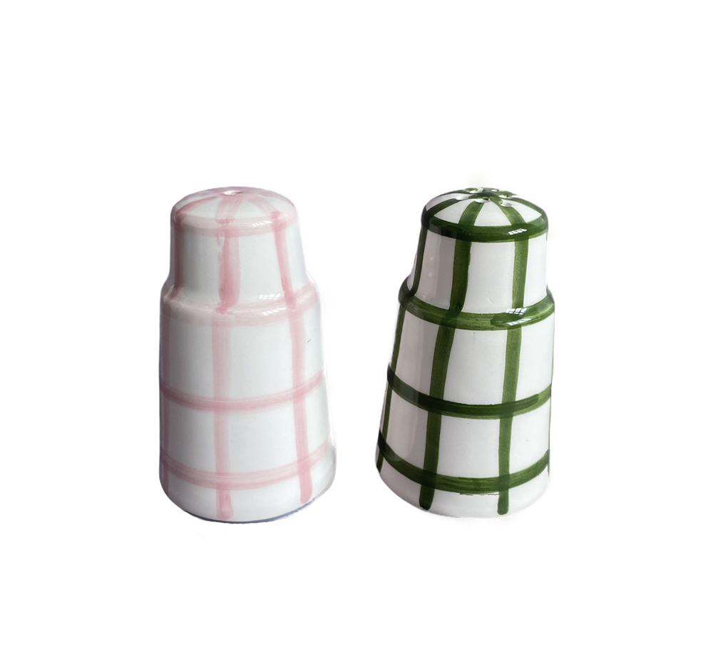 Salt N Pepa Salt & Pepper Dispenser in Pink & Forest Green Gingham