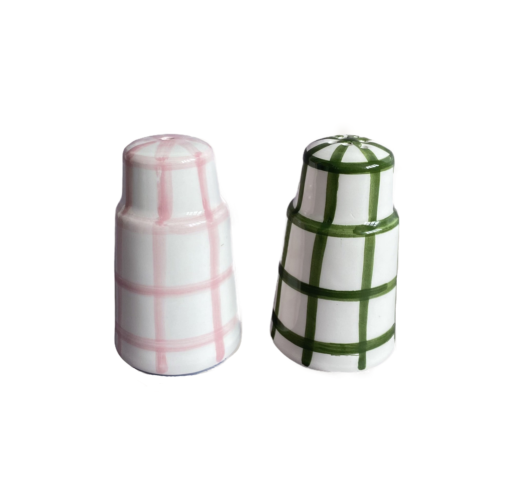Salt N Pepa Salt & Pepper Dispenser in Pink & Forest Green Gingham