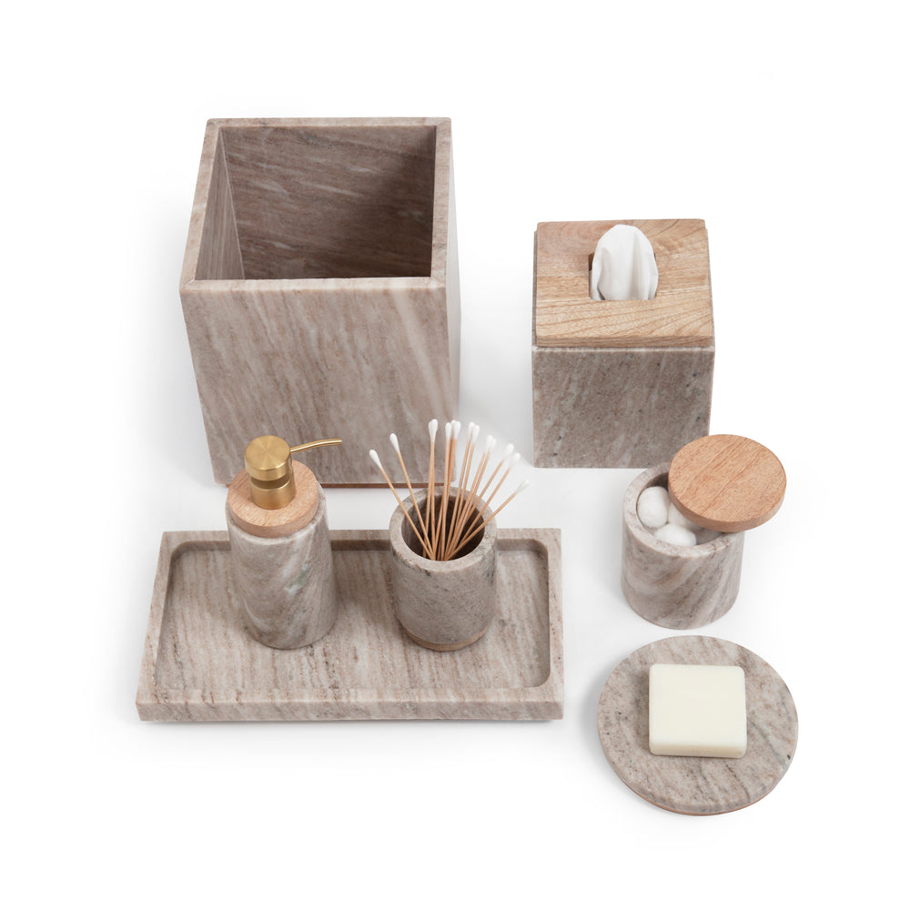 Overhead view of San Marino soap dish showcasing beige marble with mango wood accent on white background