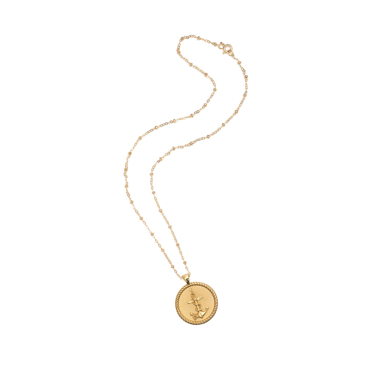 Front view of Strong JW Small Pendant Coin Necklace showcasing an anchor and rope pendant on white background