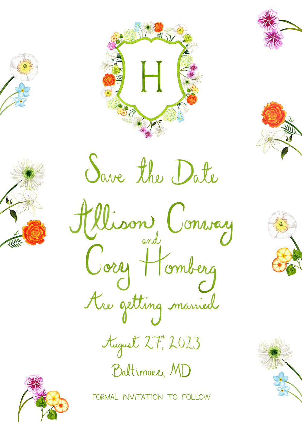 Front view of save-the-date card showing green hand-lettered names, floral crest monogram and watercolor corner flowers on white background