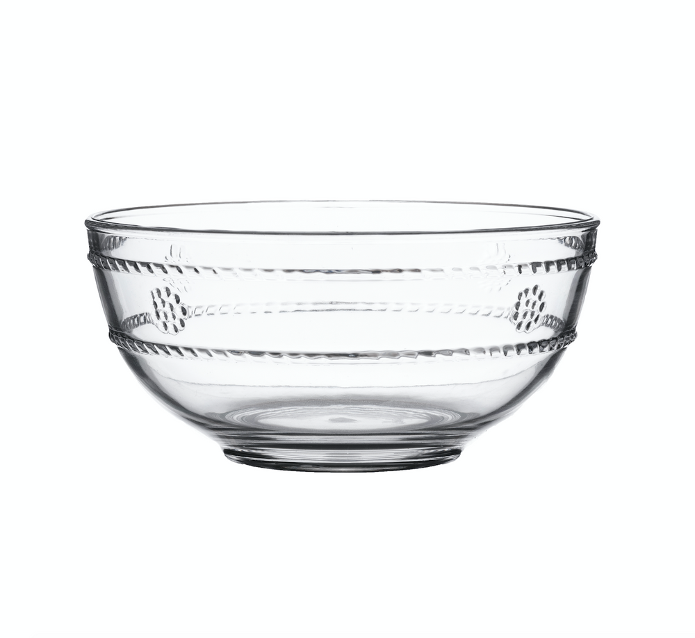 Front view of Isabella acrylic berry bowl showcasing embossed rope-and-berry motif on clear acrylic with white background