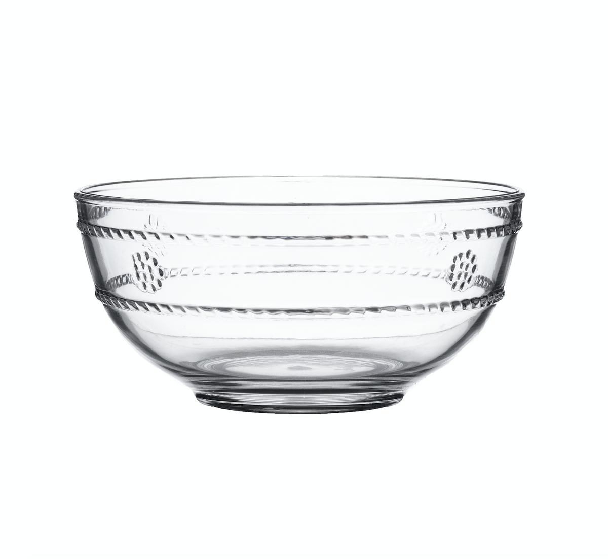 Front view of Isabella acrylic berry bowl showcasing embossed rope-and-berry motif on clear acrylic with white background