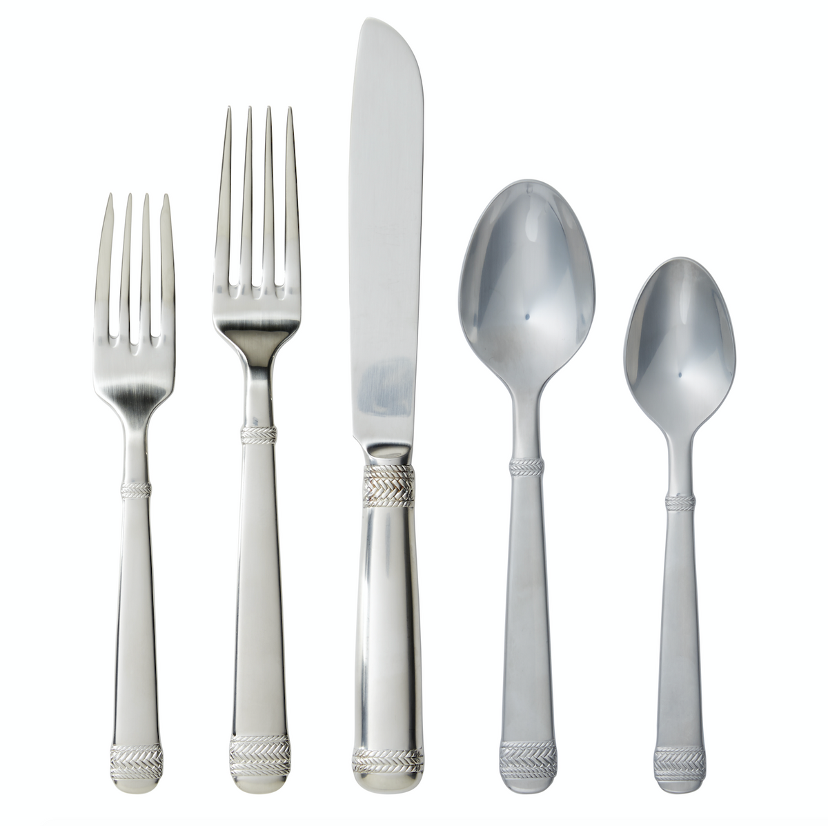 Front view of Le Panier Bright Satin 5pc Place Setting showcasing braided handles with a white background