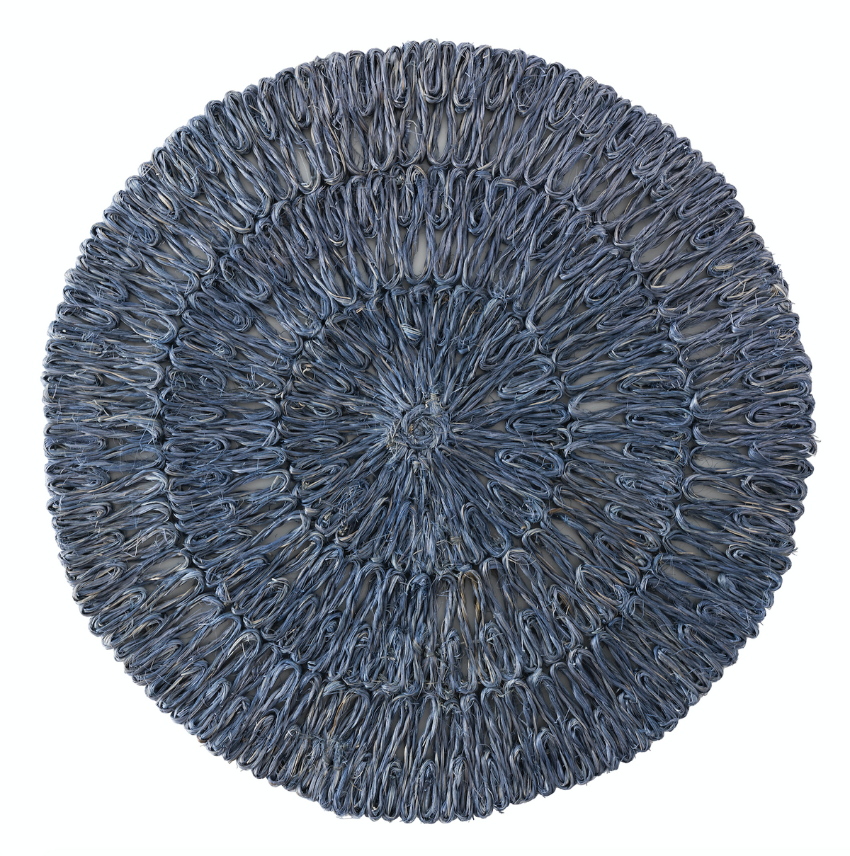 Top view of Straw Loop Delft Blue Placemat showcasing handwoven straw loops and round shape on a white background