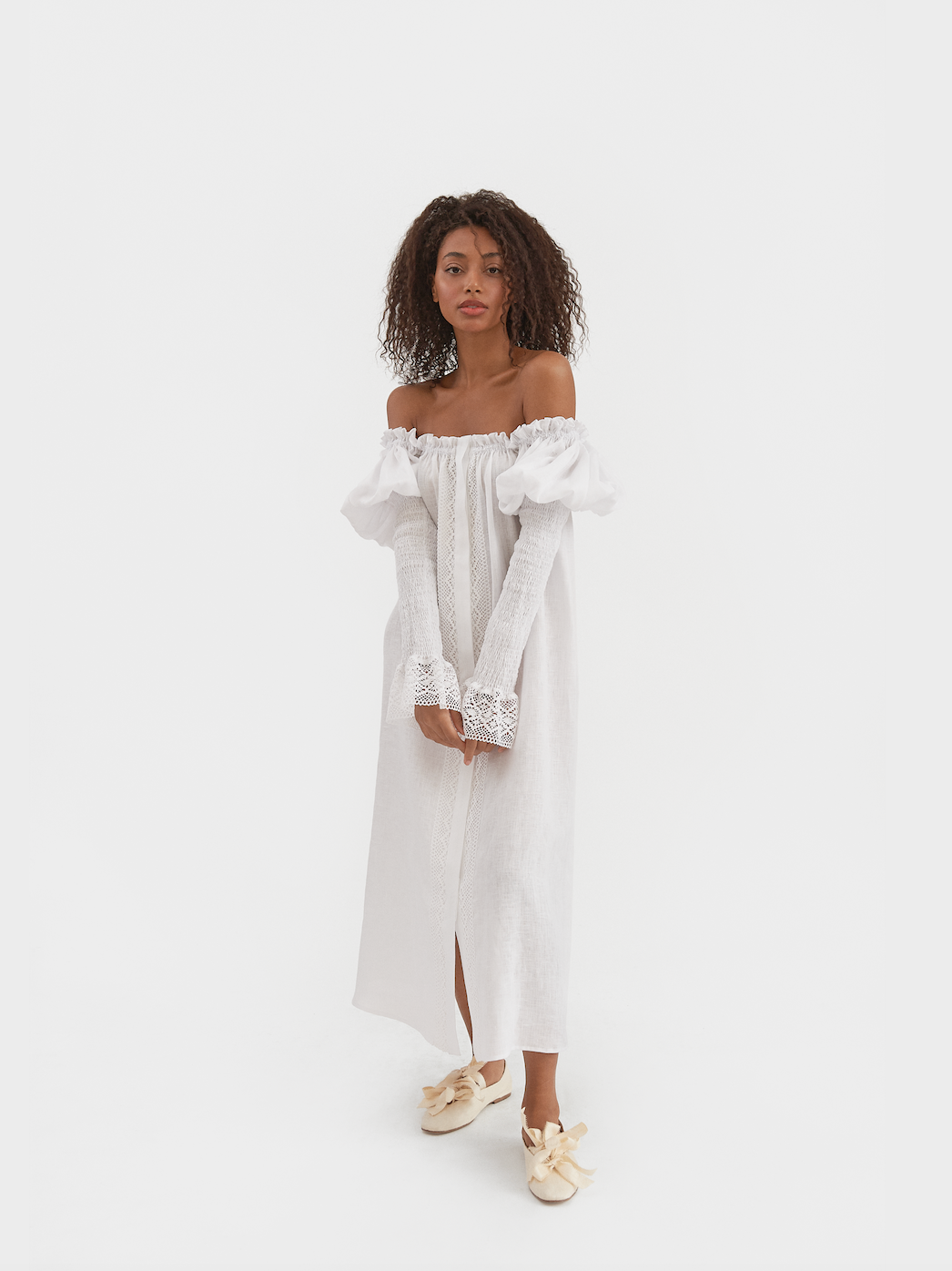 opera linen dress in white Sleeper | Dresses | The Sleeper Womens White Opera Linen Lounge Dress Puff Sleeve Maxi Lace Size M