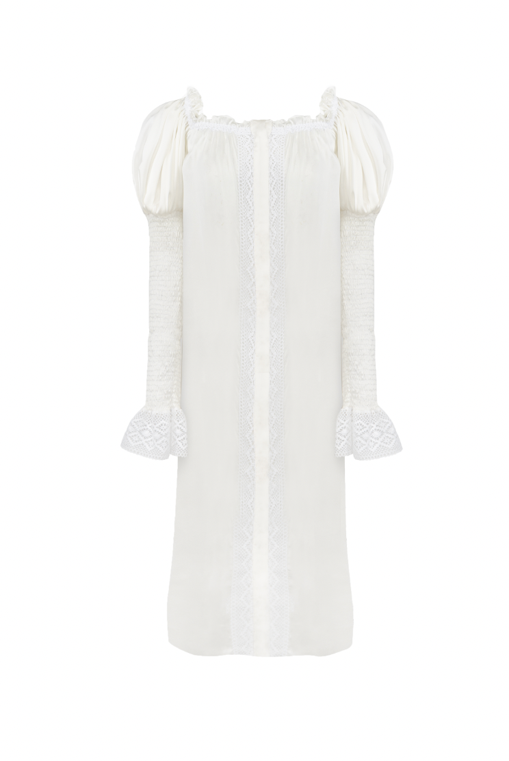 Front view of Opera Silk Dress in Pearl White showcasing puff sleeves and lace trim on a white background