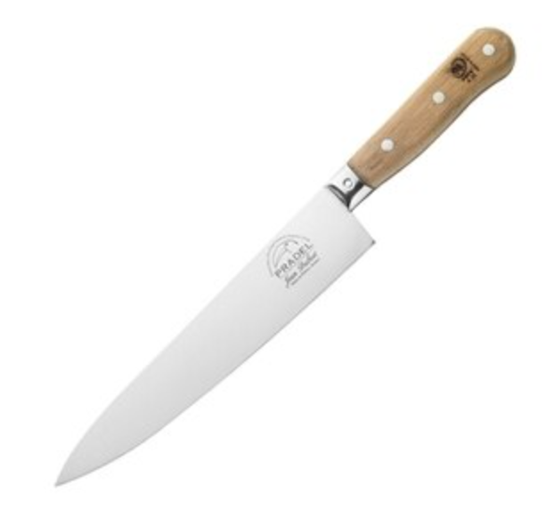 Angled view of Pradel 1920 Chef Knife showcasing its stainless steel blade and wooden handle on a white background
