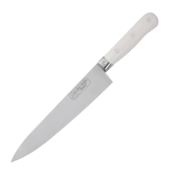 Angled view of Pradel 1920 Chef Knife showcasing high-grade stainless steel blade and white handle with a white background