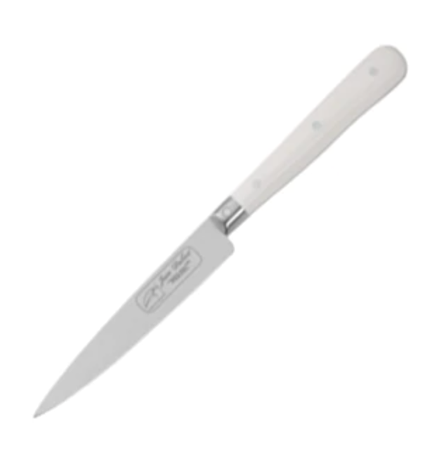Angled view of Pradel 1920 Multi-Purpose Knife showcasing white handle and stainless steel blade on white background