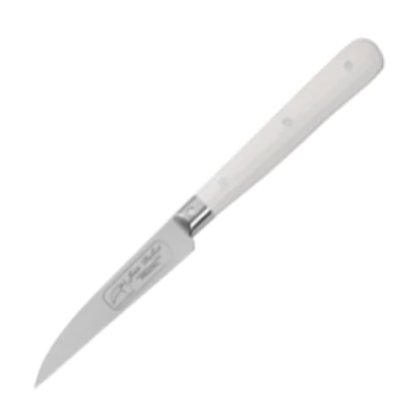 Side view of Pradel 1920 Paring Knife showcasing stainless steel blade and oak handle on a white background
