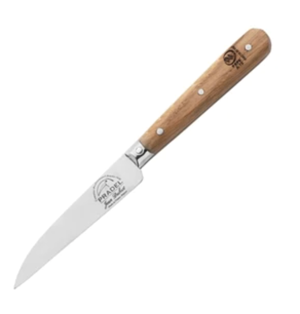 Side view of Pradel 1920 Paring Knife showcasing high-grade stainless steel blade and oak handle on white background